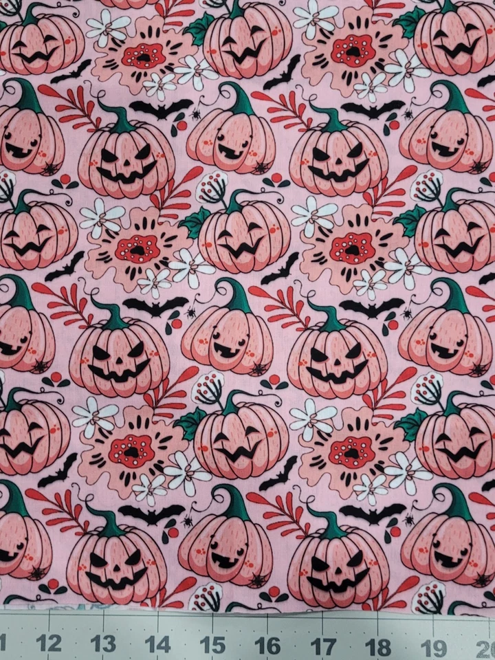 Rosa Halloween Jack-o-lanterns, Murciélagos Negros, Tela Floral Mezcla Algodón 20" X 56" Foto 2 de 3