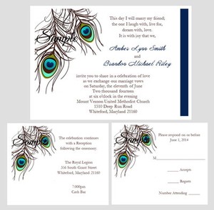 100 Personalized Peacock Feather Wedding Invitation Set with Envelopes 100 Personalized Peacock Feather Wedding Invitation Set with Envelopes
