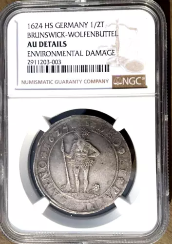 1624 HS German States Brunswick Wolfenbuttel 1/2 Taler NGC AU Wildman Germany