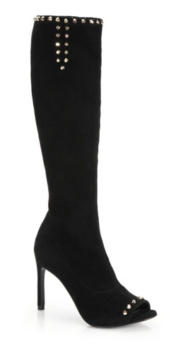 Stuart Weitzman Topeka Studded Stretch Suede Peep Toe Knee High Boots US 6 NEW - Picture 1 of 12
