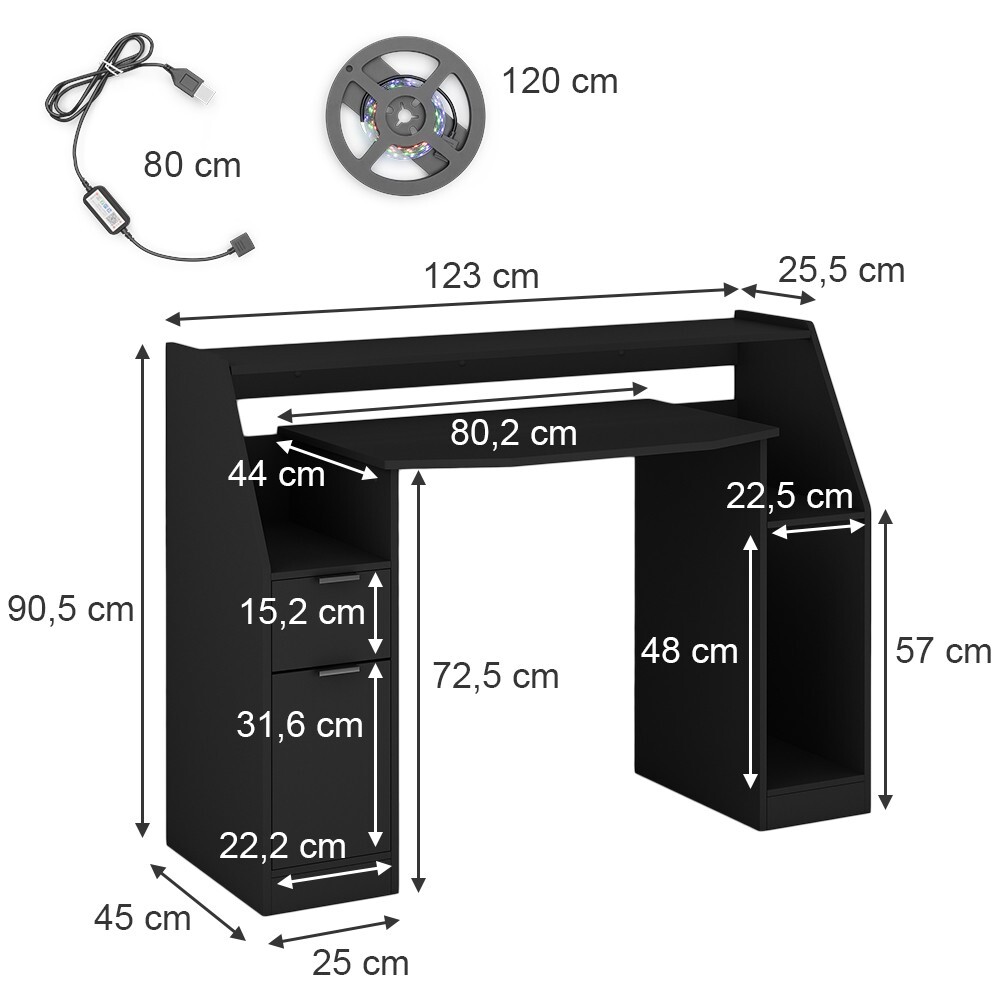Gamingtisch Schreibtisch Computertisch Regal Tails schwarz mit LED Vicco