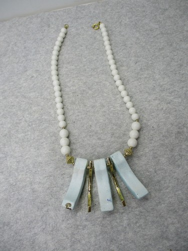 Vintage White Beads Panel Necklace Modern Art Design Japan Blue Gold Splatter - Picture 7 of 7