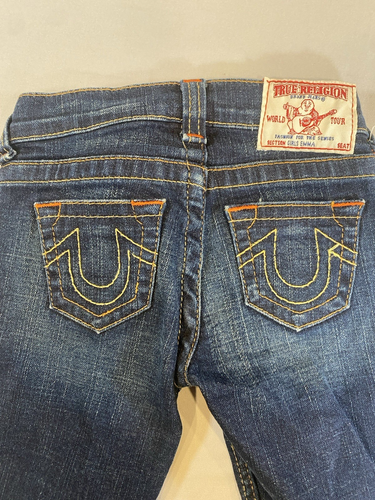 True Religion Girl Jeans Y2K Dark Wash Blue Denim Flare Size 5 Stitched Pocket - Picture 8 of 8