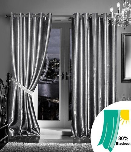 Eyelet Curtain Thermal Blackout Satin Ready Made Pair Diamante Tiebacks - Picture 2 of 12