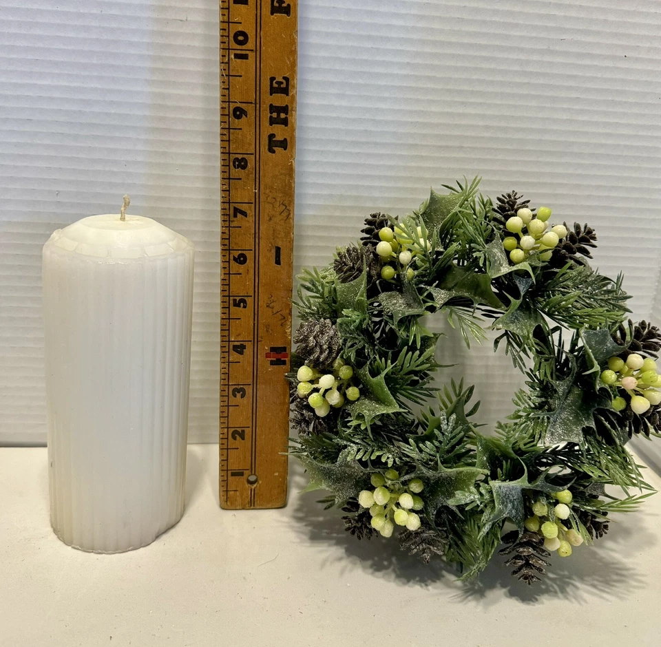 VTG 8” Candle Ring Wreath With Faux Pinecones, Holly, & Evergreen Accents - Image 2 of 4