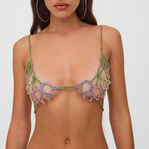 Women Rhinestone Necklace Bras Roses Multi-color Bikini Jewel Body Chain 32771 - Picture 3 of 5