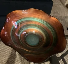 Free Form decorative Bowl Reverse Painted Multi Color Swirl Outer Gold