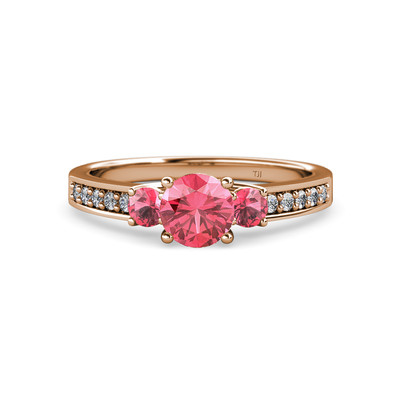 Pink Tourmaline Three Stone Ring with Side Diamond 1.32 cttw