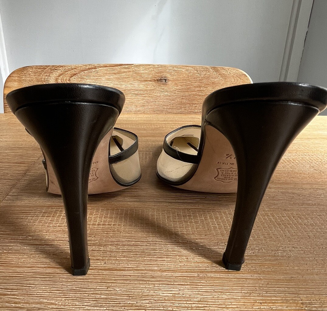 Mario Valentino Pointed Toe Mule Heels Y2k Ivory Black Size 7 Made in Italy image 5
