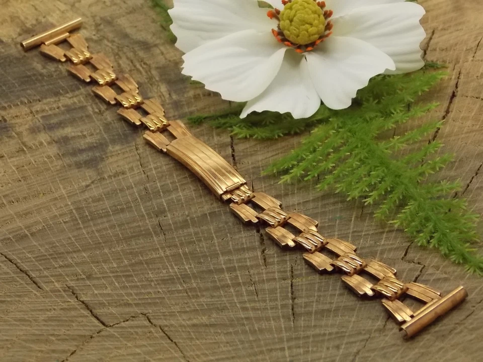 Correa de reloj Art Deco Pontiac EE. UU. Vintage 19 mm placa de oro laminado rosa nueva sin usar Foto 2 de 4