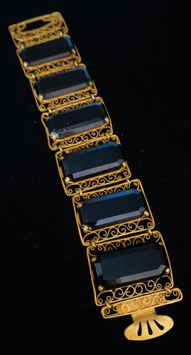 Vintage Pinchbeck Filigree Rectangular Black French Jet Glass Bracelet