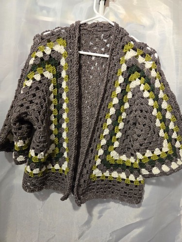 Sweater Cardigan Granny Square Open Front 100% Wool Handmade Crocheted - Bild 6 von 9