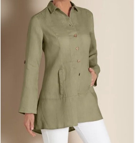Soft Surroundings 100% Linen Tunic Shirt Island Breeze Olive Size XL P Button Up - Picture 12 of 12