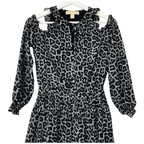 Michael Kors Dress Size XS Cold Shoulder Midi Long Sleeves V-Neck Black Grey - Picture 19 of 24