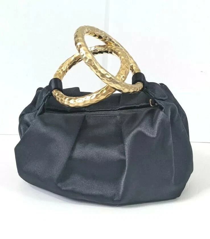 Jimmy Choo Satin handle Bag Gold Hoop Black Formal Clutch