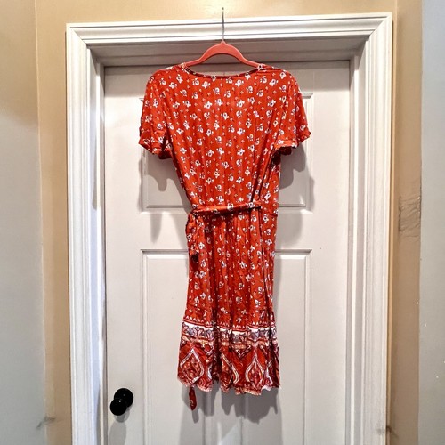 NEW Zesica Wrap Dress Size Medium Orange Boho Ruffle Tie Lightweight - Picture 8 of 8