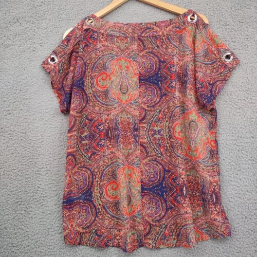 Spense Top Womens Medium Orange Purple Floral Slit Short Sleeve Colorful - Picture 2 of 9