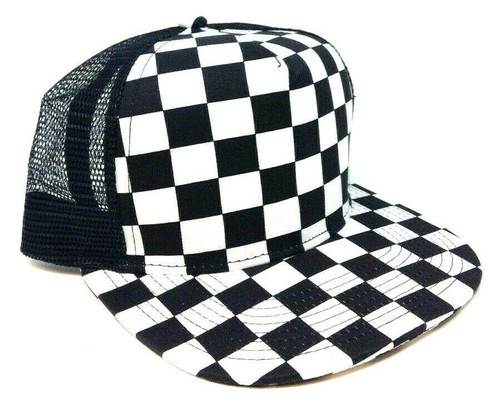 BLACK AND WHITE CHECKER PRINT FLAT BILL ADJUSTABLE SNAPBACK HAT CAP CHESS BOARD - Picture 11 of 13