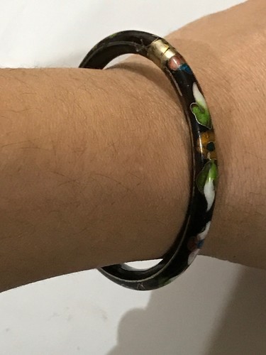 Old Chinese Export Jewelry Cloisonné Black Enamel Hinged Bangle Bracelet 7.5" - Picture 5 of 12