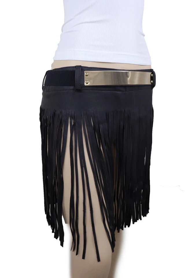 Mujeres Negro Envolvente Largo Flecos Borla Sexy Falda Cinturón Placa de Metal Dorado S M Foto 3 de 4