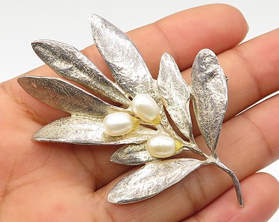 bp1800 vintage pearl flower bud detail brooch pin Mma 925 sterling silver