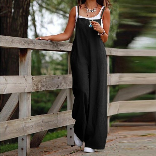 Womens Cotton Linen Jumpsuit Dungaree Baggy Loose Overalls Romper Pants Playsuit - Picture 18 of 20