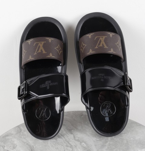 LOUIS VUITTON Sunbath Slide Brown Monogram Canvas Black Rubber Sandal Size 37 - Picture 6 of 12