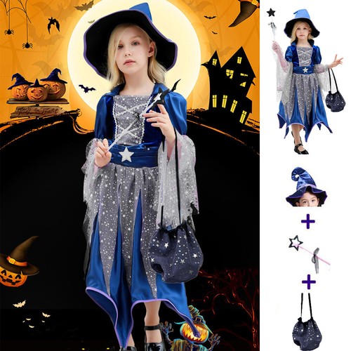 Kinder/Mädchen Halloween Hexen Party Kostüm Cosplay Fancy Kleid & Hut,Tasche DE - Bild 6 von 26