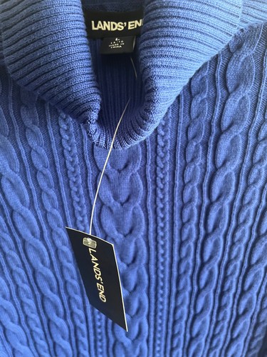 Lands End Cobalt Blue Cable Turtle Neck Cotton Long Sleeve Jumper - Size L BNWT - Picture 3 of 4