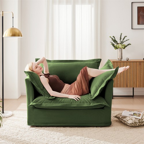Slip-covered Armchair with 1 Big Back Cushion and 2 Big Toss Pillows Green - Picture 3 of 12