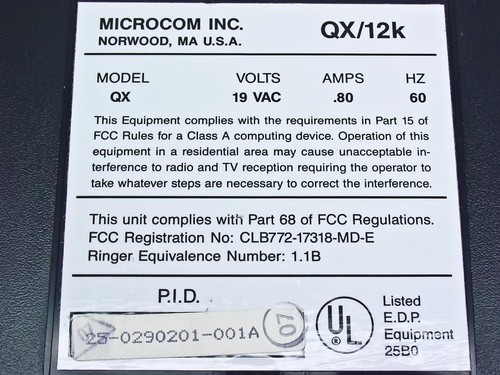 Microcom QX/12K External Modem 19VAC .80A 60Hz - No Cable Included - Picture 3 of 5
