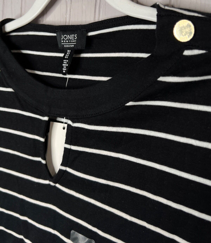 Jones NY Signature Womens SHIRT S Black White Striped Cotton Keyhole Career NEW - Picture 3 of 12