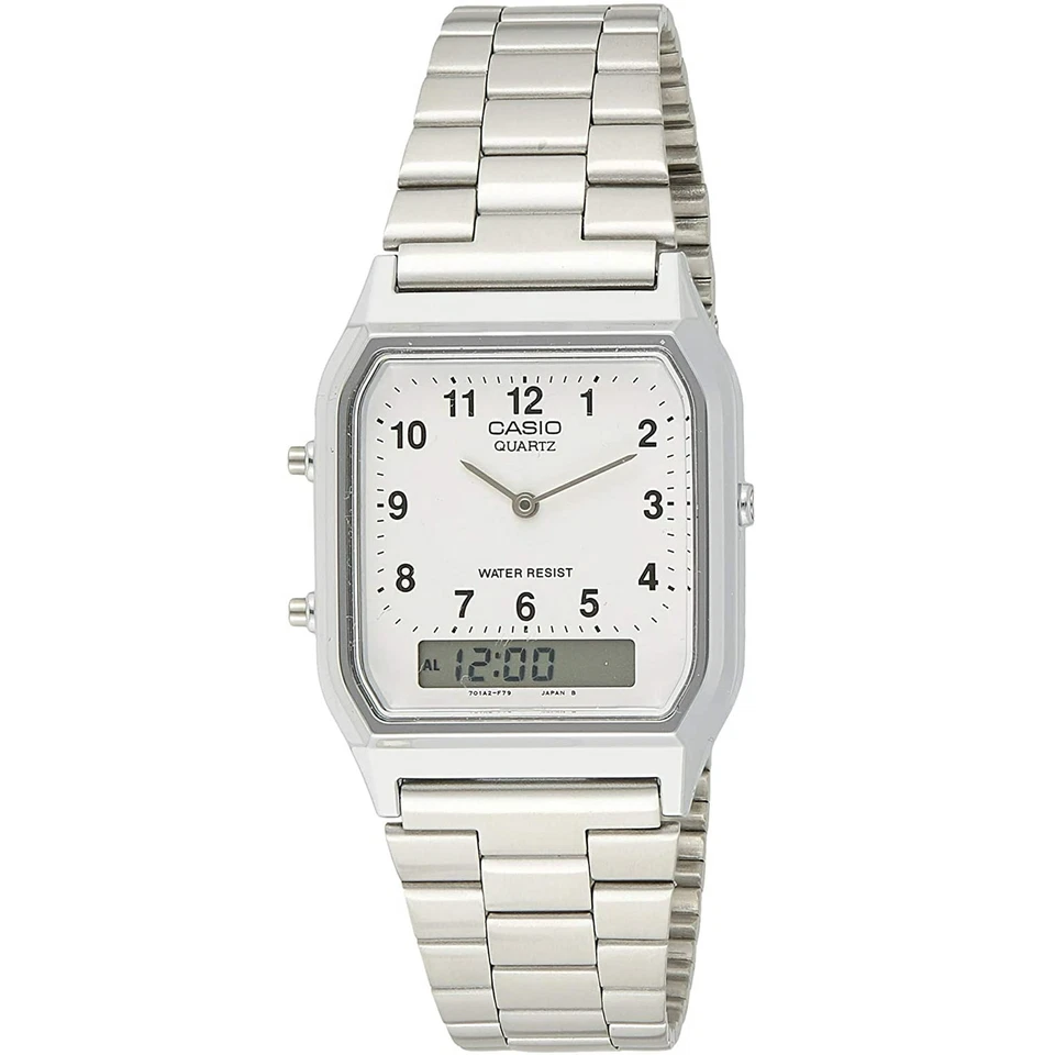 Casio AQ-230A-7B Vintage Analog Digital Dual Time Stainless Steel Bracelet Watch