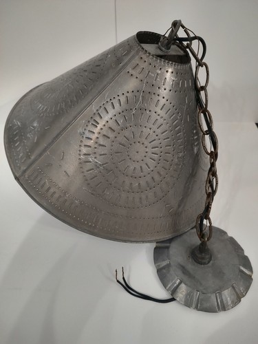 Vintage Punched Galvanized Tin Shade Hanging Pendant Light - Picture 18 of 22
