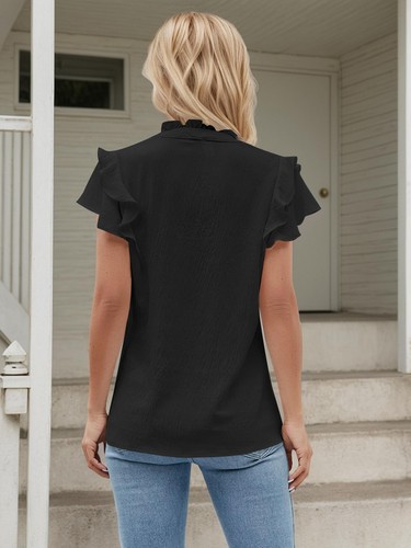 Women's Casual Tops Ruffle Short Sleeve V Neck Shirts Elegant Business Blouses - Picture 2 of 11