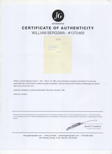 autographed letter by American composer William Bergsma (1921-1994) SIGNED - Picture 3 of 3