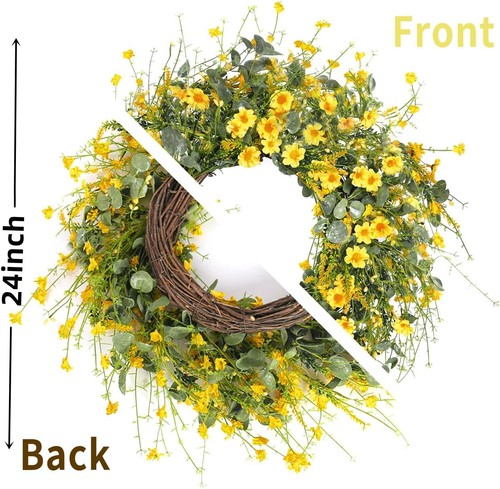 Vibrant Spring Summer 24" Wreath - Yellow Daisy with Eucalyptus and Lavender - Picture 8 of 8