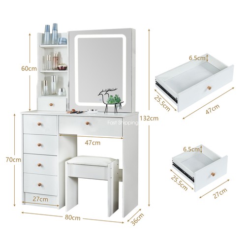 Makeup Vanity Desk w/Lighted Mirror 3-Color Dimmable LED Lights Dressing Table - Picture 7 of 8