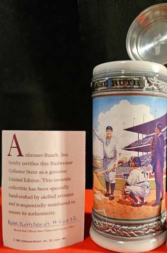 VTG 1991 BUDWEISER SPORTS LEGENDS BABE RUTH LIDDED STEIN LIMITED EDITION W/ COA - Picture 2 of 20