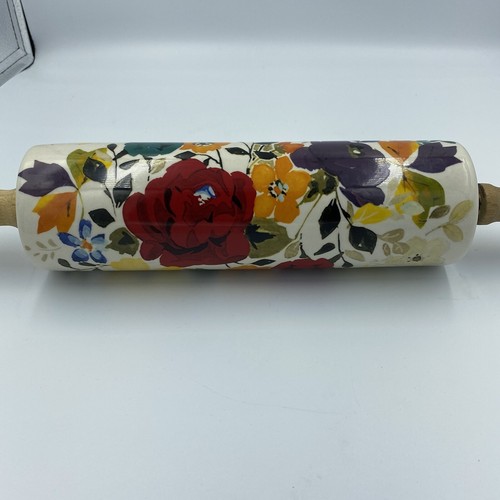Pioneer Woman Timeless Floral Ceramic Rolling Pin Acacia Wood Handles - Picture 4 of 7