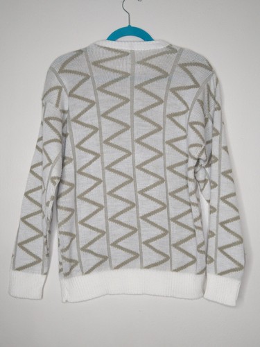 Vintage Acryl Geometrischer Pullover Strick Rundhals 80er 90er S Retro Weiß Hellbraun Preppy - Bild 5 von 13