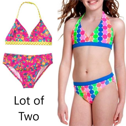 Op Girls Small 6/6X Halter Bikini Swim Suits Lot/2 ~ Mini Floral + Bold Dots