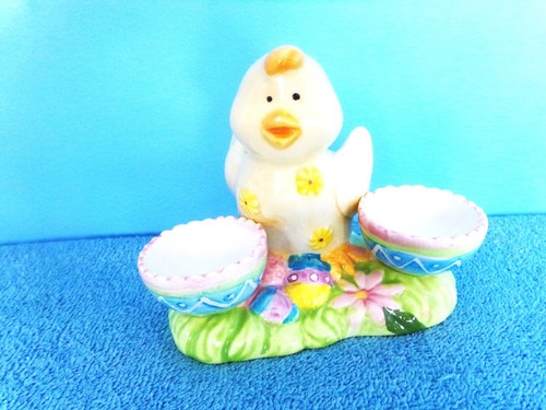 FIGURA DE VACACIONES DE PATO DE PASCUA AMARILLO DE CERÁMICA DE COLECCIÓN CON SOPORTE PARA HUEVOS - Imagen 2 de 4