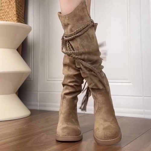 Halbhohe Stiefel Damengröße 4,5-10 Vintage Boho Schuhe Freizeit Slipper braun Samt - Bild 20 von 39