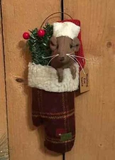 Primitive Country Mouse in rustic mitten winter Christmas decor hanger Ornament