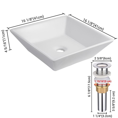 16"x16"x4" Porcelain Ceramic Vessel Sink Pop Up Drain Bathroom Vessel Basin - Picture 7 of 10