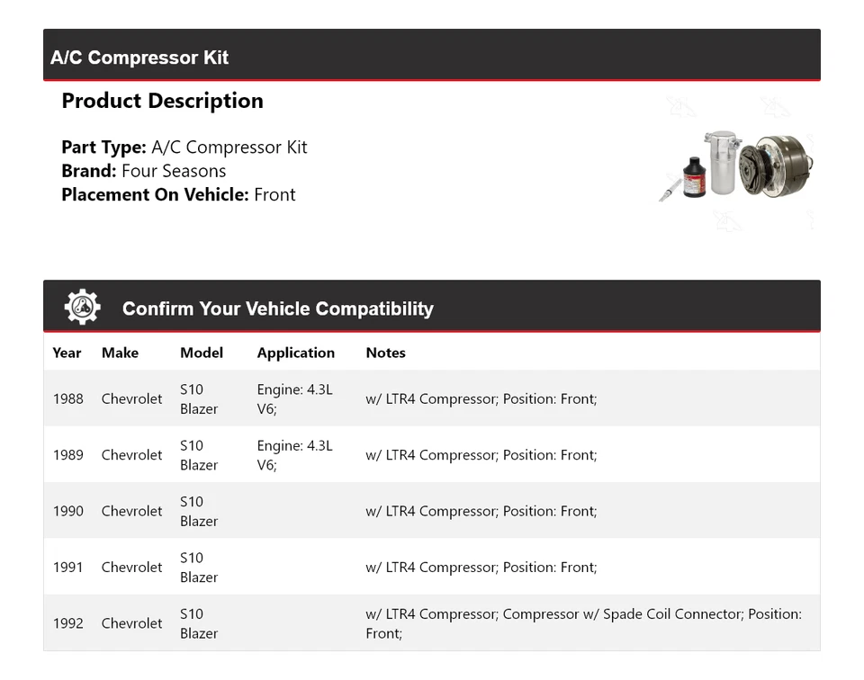 Kit compresor aire acondicionado delantero 4 estaciones 1989 1990 Chevrolet S10 Blazer 1988-1992 Foto 2 de 4
