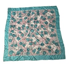 Vtg Flowers Scarf Hadson Hand Rolled Silk Rayon Teal Blue Pink Roses Square 29"