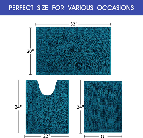 ACCUMTEK Striped Teal Blue Bathroom Rug Set 3 Pieces Ultra Soft, Non Slip Chenil - Picture 5 of 6