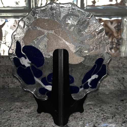 Fused Art Glass Bowl Plate - Orchid Flowers Navy Blue/Brown/Lite Gray - Picture 7 of 8
